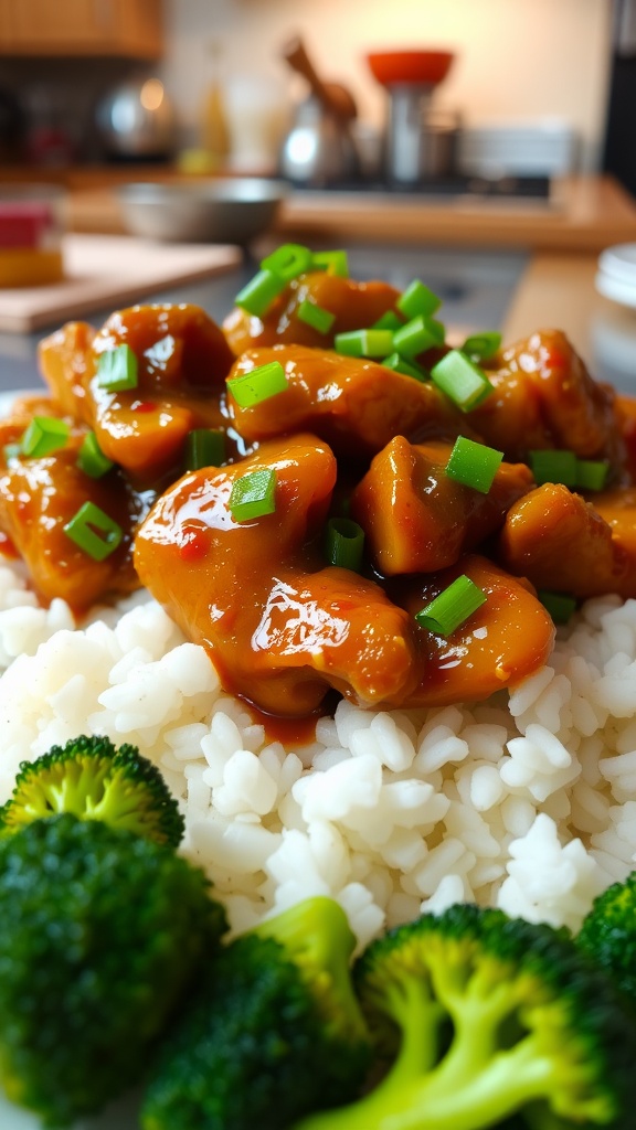 Tender honey garlic chicken served over rice with green onions and steamed broccoli.